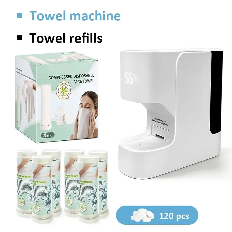 Smart Facial Towel Warmer with Automatic Dispensing, 5-Second Rapid Heating to 55°C, Includes 20 Compressed Towels, At-Home Spa Experience
