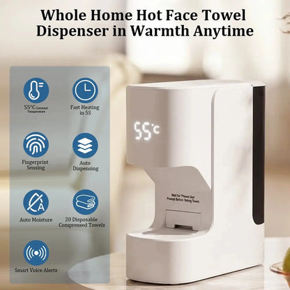 Smart Facial Towel Warmer with Automatic Dispensing, 5-Second Rapid Heating to 55°C, Includes 20 Compressed Towels, At-Home Spa Experience