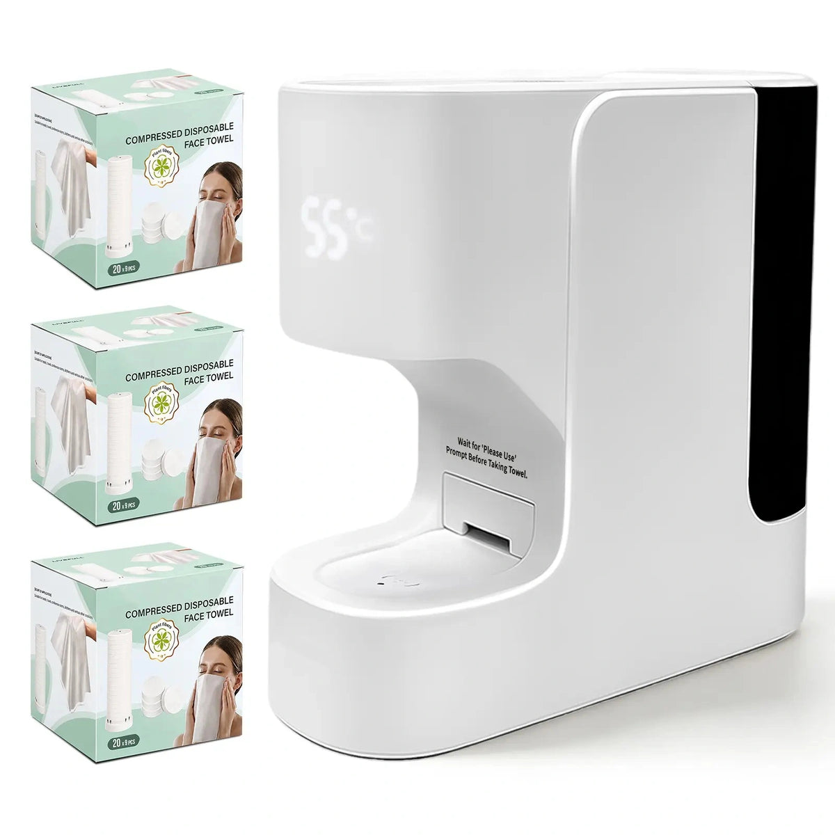 Smart Facial Towel Warmer with Automatic Dispensing, 5-Second Rapid Heating to 55°C, Includes 20 Compressed Towels, At-Home Spa Experience