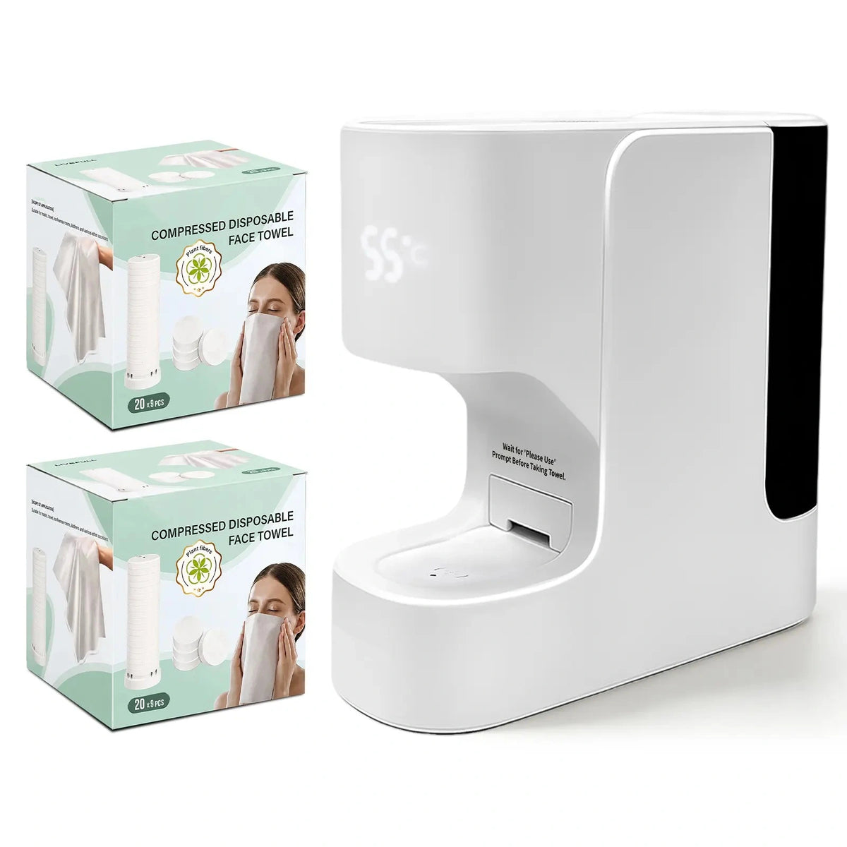 Smart Facial Towel Warmer with Automatic Dispensing, 5-Second Rapid Heating to 55°C, Includes 20 Compressed Towels, At-Home Spa Experience
