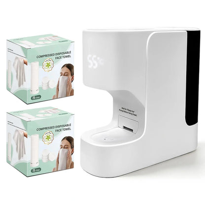 Smart Facial Towel Warmer with Automatic Dispensing, 5-Second Rapid Heating to 55°C, Includes 20 Compressed Towels, At-Home Spa Experience