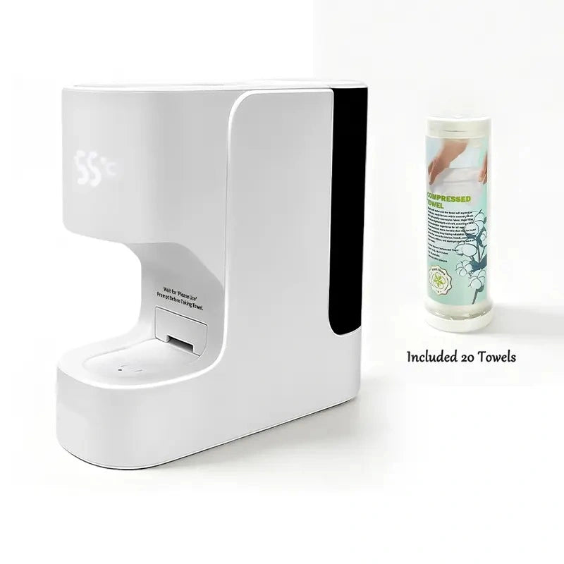 Smart Facial Towel Warmer with Automatic Dispensing, 5-Second Rapid Heating to 55°C, Includes 20 Compressed Towels, At-Home Spa Experience