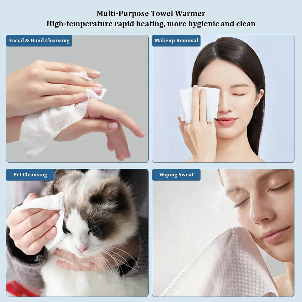 Smart Facial Towel Warmer with Automatic Dispensing, 5-Second Rapid Heating to 55°C, Includes 20 Compressed Towels, At-Home Spa Experience