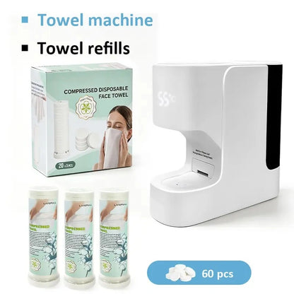 Smart Facial Towel Warmer with Automatic Dispensing, 5-Second Rapid Heating to 55°C, Includes 20 Compressed Towels, At-Home Spa Experience
