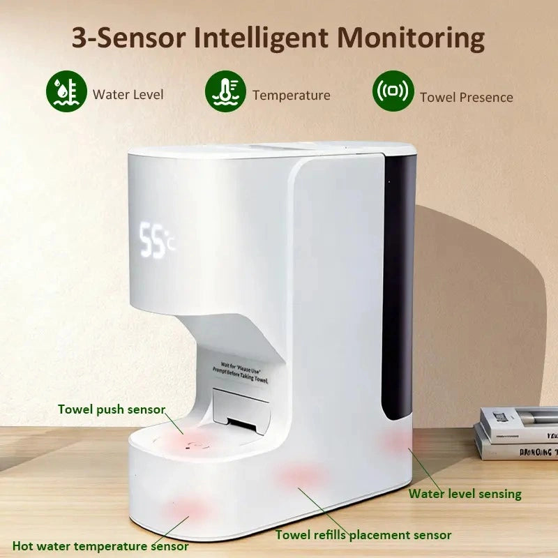 Smart Facial Towel Warmer with Automatic Dispensing, 5-Second Rapid Heating to 55°C, Includes 20 Compressed Towels, At-Home Spa Experience